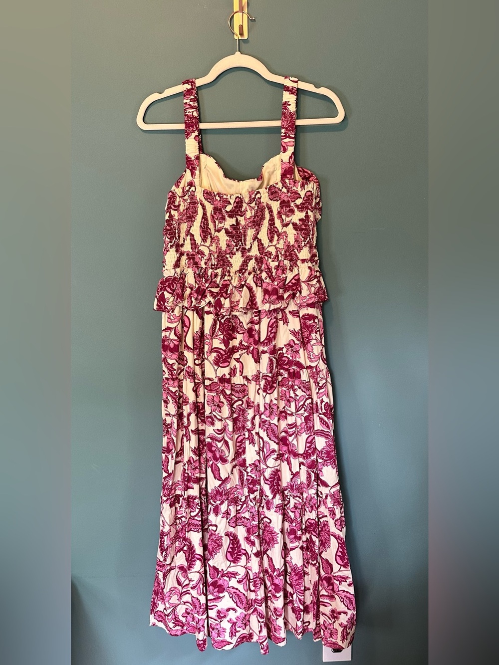 LÉA Pink Floral Cottagecore Midi Dress | Ruched Bust Peplum Sundress Medium - Picture 9 of 10